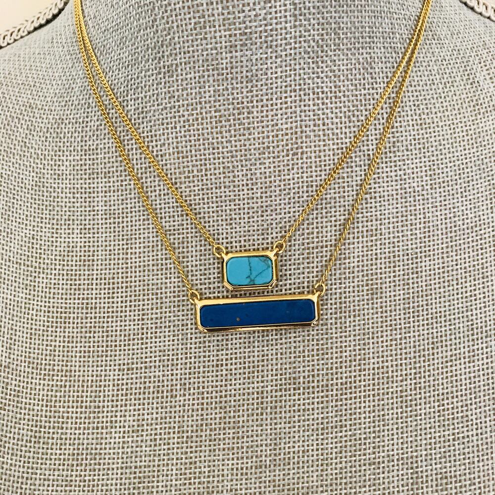 RLL Ralph Lauren RLL Double Layered Necklace, Blue Stones, Gold Tone Bar Pendant